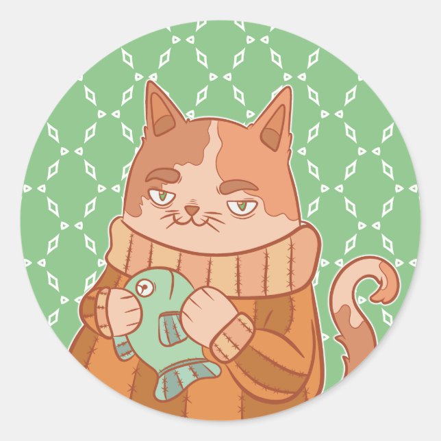The Cat and Fish Classic Round Sticker (Front)