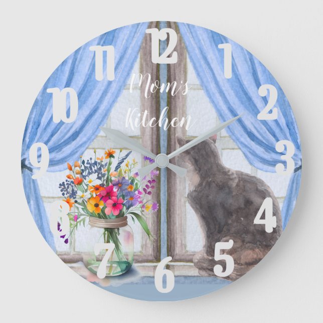 The Cat at the Window Vase Flowers Large Clock (Front)