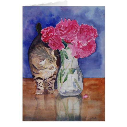 The cat just has to smell the beautiful peonies. (Front)