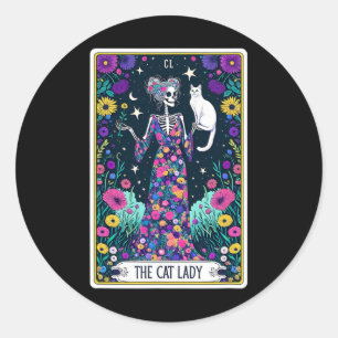 The Cat Lady Tarot Card Halloween Skeleton Skul Oc Classic Round Sticker