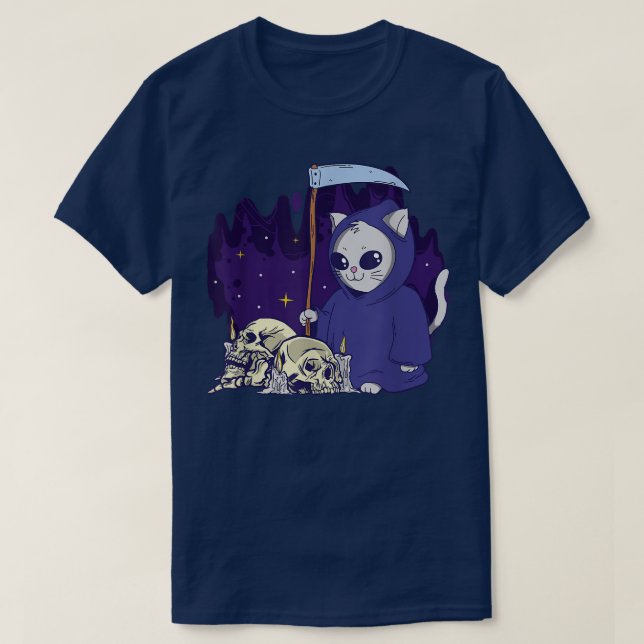 The Cat Reaper Duty Cloaked Skeleton Grim Reaper T T-Shirt (Design Front)