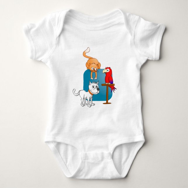 The cat, the dog and the parrot baby bodysuit (Front)