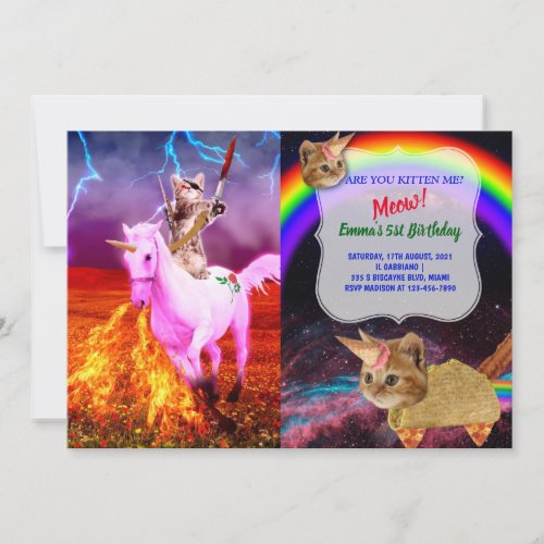 The cat with a sword is riding the real unicorn invitation