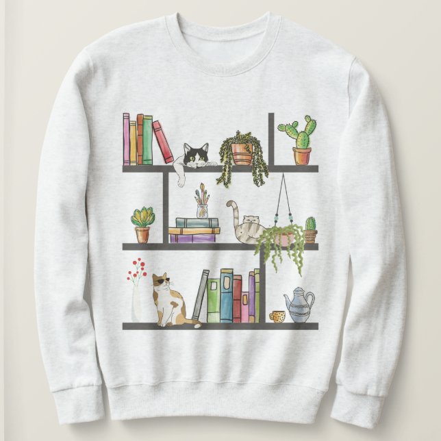 The Cats Lying on a Bookshelf, Cat and Books Sweatshirt (Design Front)