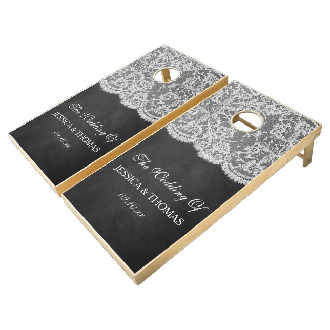 The Chalkboard & Lace Wedding Collection Cornhole Set (Angled)