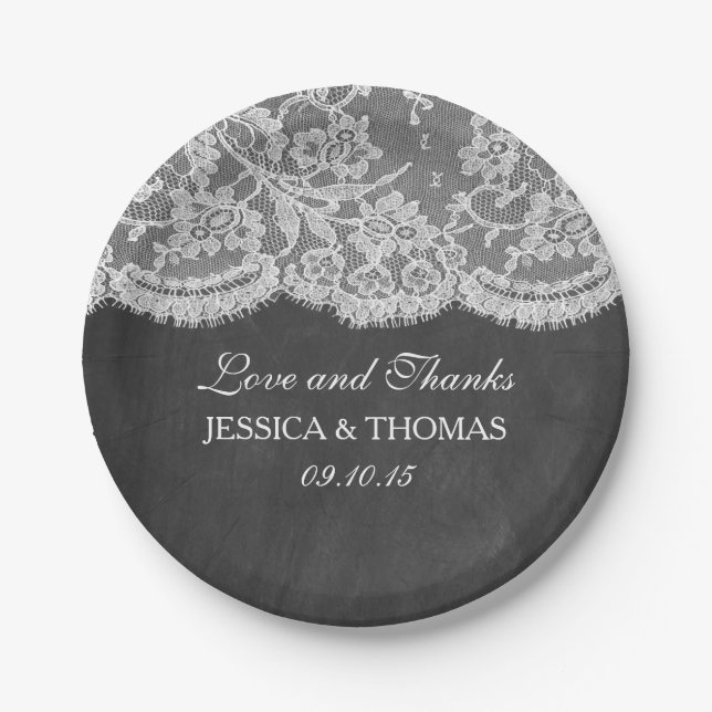 The Chalkboard & Lace Wedding Collection Paper Plates (Front)