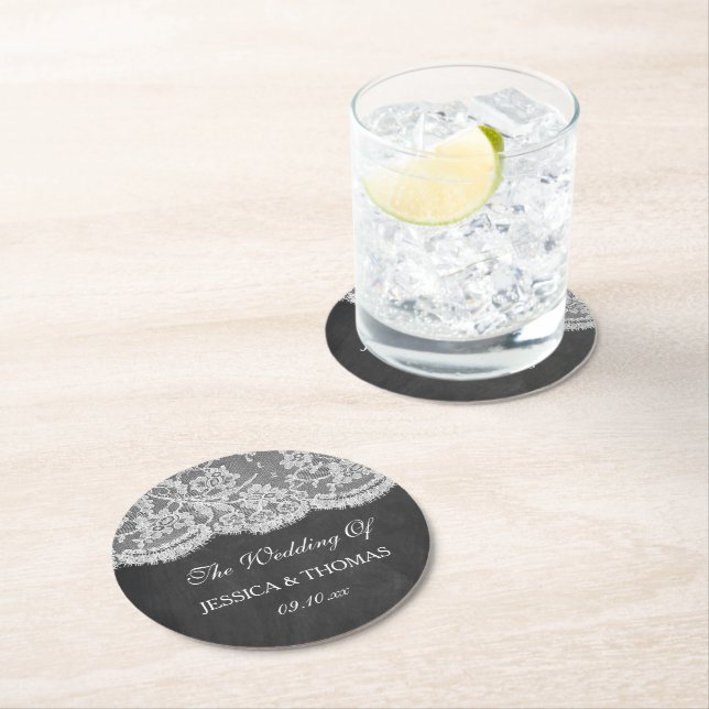 The Chalkboard & Lace Wedding Collection Round Paper Coaster (Insitu)