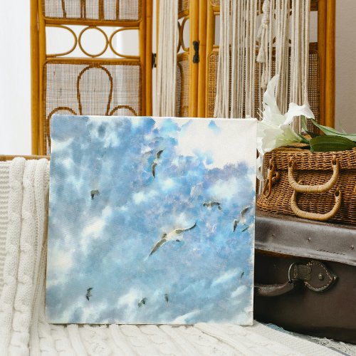 The Chasers Seagulls In Flight Cerulean Watercolor Canvas Print