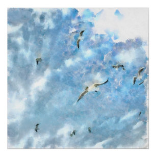 The Chasers Seagulls In Flight Cerulean Watercolor Poster