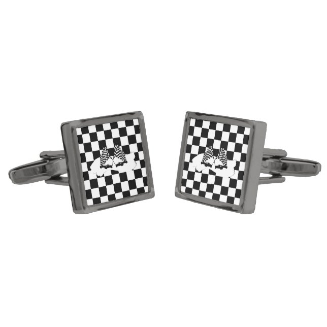 The Checker Flag and Race Cars Cufflinks (Angled)