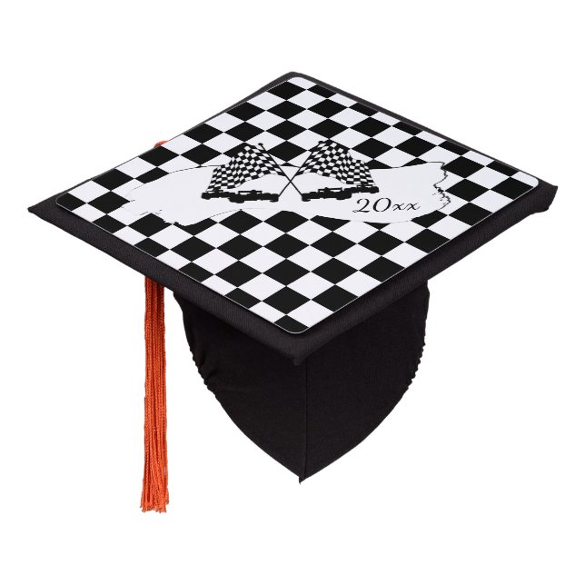 The Checker Flag and Race Cars Graduation Cap Topper (Angled)