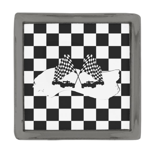 The Checker Flag and Race Cars Gunmetal Finish Lapel Pin (Front)