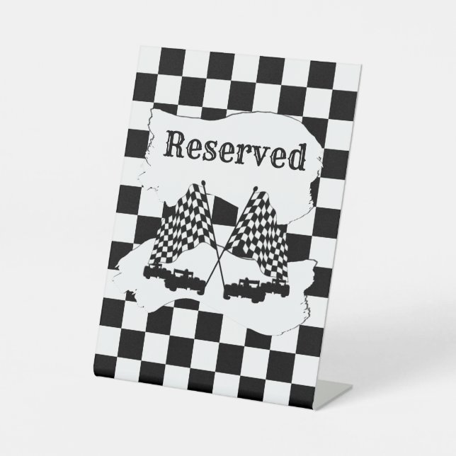 The Checker Flag and Race Cars Reserved Pedestal Sign (Front)