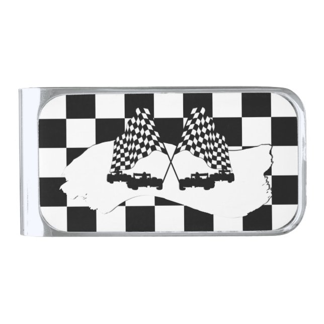 The Checker Flag and Race Cars Silver Finish Money Clip (Front)