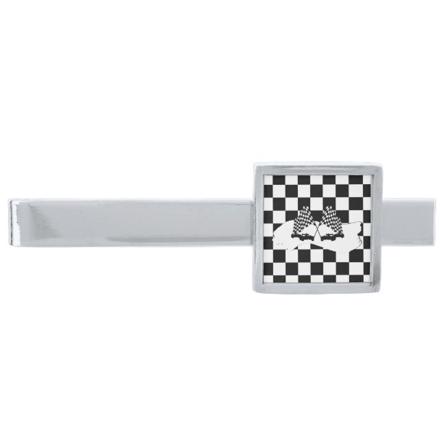 The Checker Flag and Race Cars Silver Finish Tie Bar (Front)