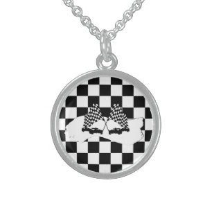 The Checker Flag and Race Cars Sterling Silver Necklace
