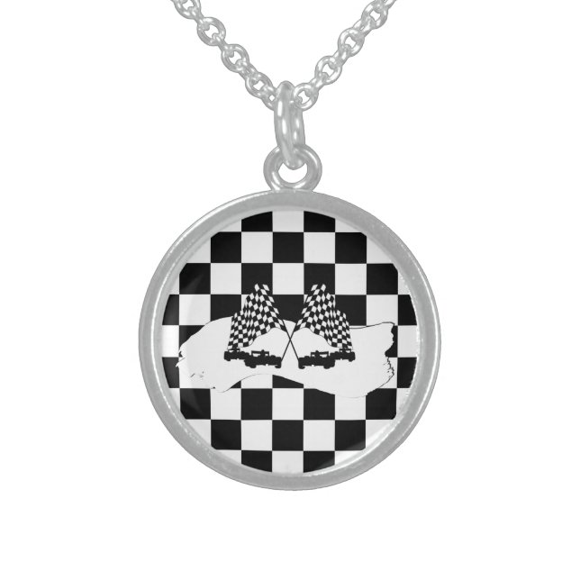 The Checker Flag and Race Cars Sterling Silver Necklace (Front)