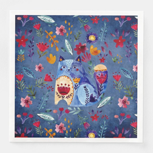 The Cheeky Cat in Flower Garden Paper Dinner Napkins (Front)