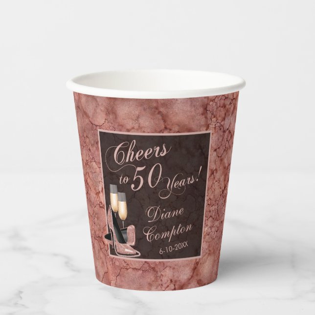 The Cheers to 50 Years Rose Gold Birthday Paper Cups (Front)
