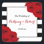 The Chic Modern Luxe Wedding Collection- Red Roses Square Sticker<br><div class="desc">The chic modern luxe wedding collection features a classic black and white stripe background accentuated with beautiful ruby red roses. 
 
These stickers are easy to personalize and will be the perfect favor for any wedding,  bridal shower,  birthday party,  engagement celebration or any other special occasion.</div>