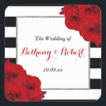 The Chic Modern Luxe Wedding Collection- Red Roses Square Sticker<br><div class="desc">The chic modern luxe wedding collection features a classic black and white stripe background accentuated with beautiful ruby red roses. 
 
These stickers are easy to personalize and will be the perfect favor for any wedding,  bridal shower,  birthday party,  engagement celebration or any other special occasion.</div>