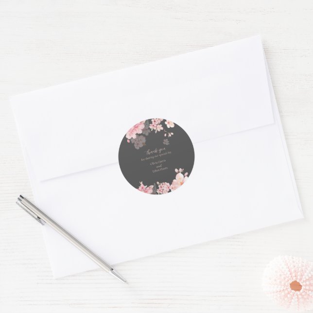 The chic pink sakura flowers on a dark gray classic round sticker (Envelope)