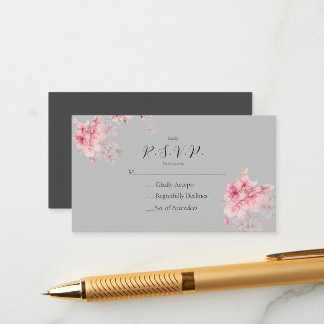 The chic pink sakura flowers on a gray enclosure card (Front/Back In Situ)