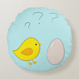 The chicken or the egg cute Easter cartoon Round Pillow