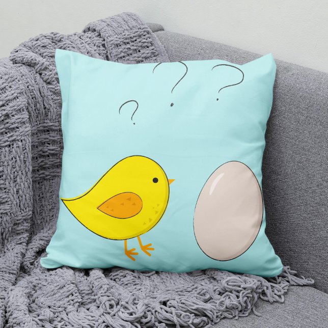 The chicken or the egg cute Easter cartoon Throw Pillow (Creator Uploaded)