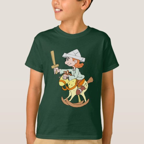 the child is riding a rocking horse T_Shirt