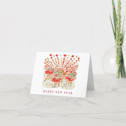 The Chinese Lion Dance Watercolor Holiday Card