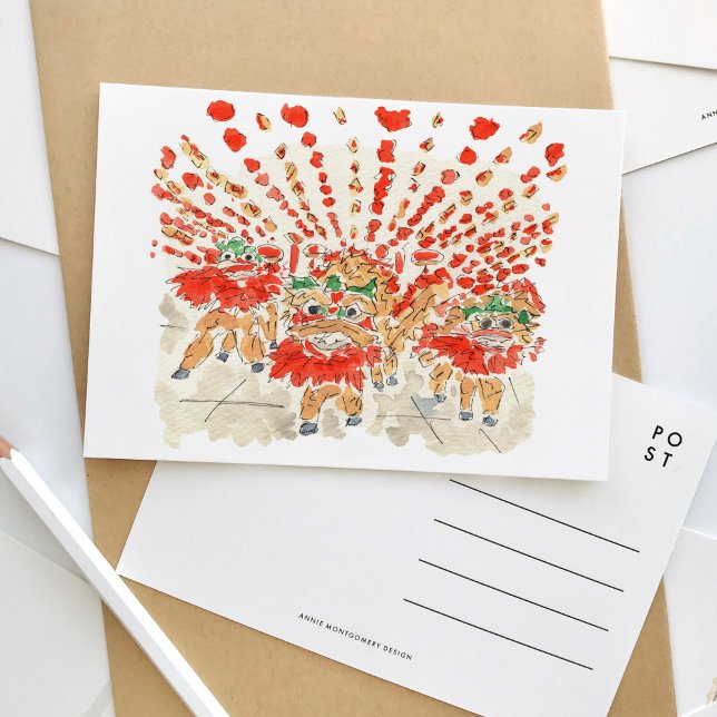 The Chinese Lion Dance Watercolor Postcard (Lion dance Chinese Lunar New Year watercolor postcard.)