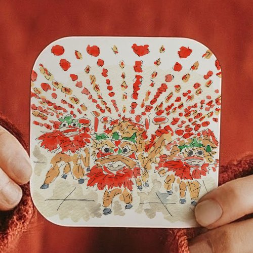 The Chinese Lion Dance Watercolor Square Sticker