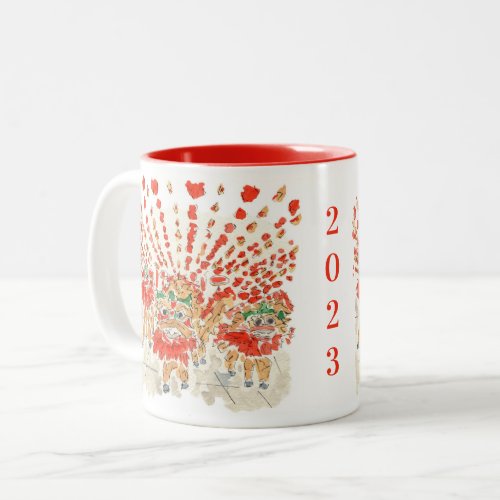 The Chinese Lion Dance Watercolor Two_Tone Coffee Mug