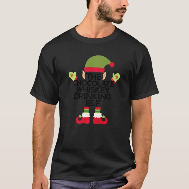 The Chocolate Whiskey Drinking Elf Funny Holiday S T-Shirt (Front)