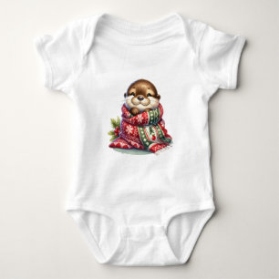The Christmas Otter in a Scarf Baby Bodysuit