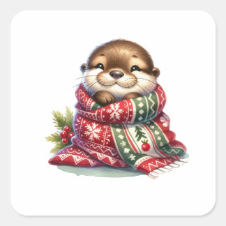 The Christmas Otter in a Scarf Square Sticker