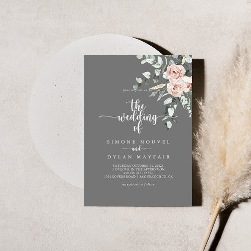 The Classic Pink Rose Floral Gray Wedding of  Invitation