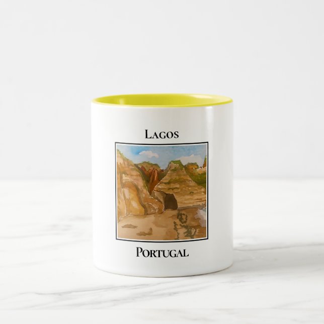 The Cliffs on the Beach of Lagos, Portugal Two-Tone Coffee Mug (Center)