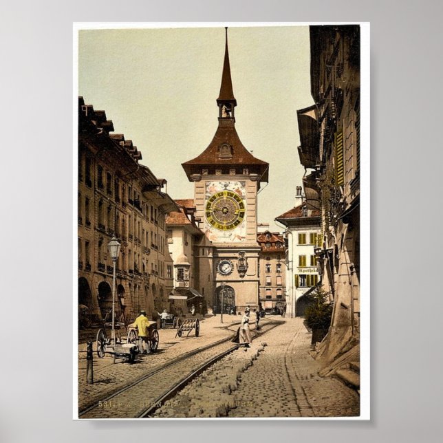 The clock tower, Berne, Town, Switzerland vintage Poster (Front)