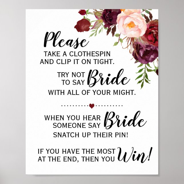 The clothespin game bridal shower marsala sign (Front)