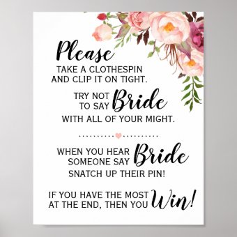 The clothespin game bridal shower pink floral sign | Zazzle