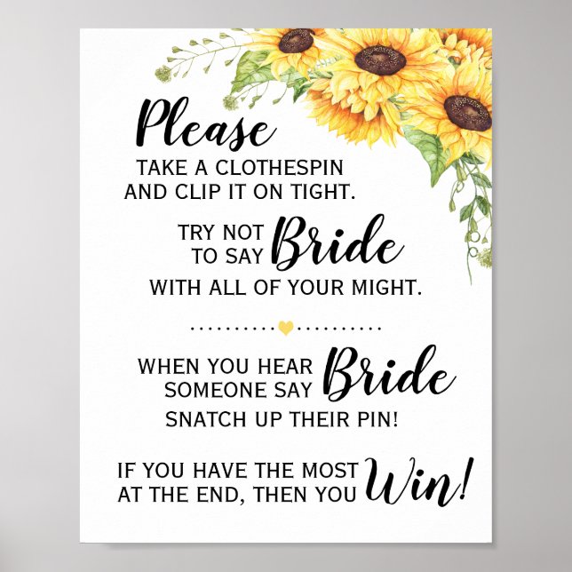 The clothespin game bridal shower sunflowers sign (Front)