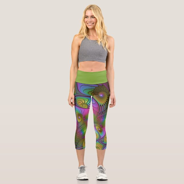 The Colorful Luminous Trippy Abstract Fractal Art Capri Leggings (Front)