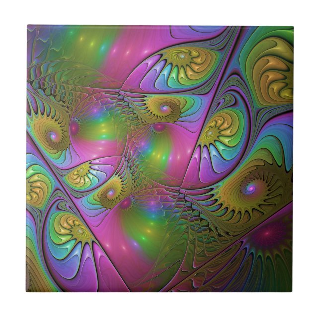 The Colorful Luminous Trippy Abstract Fractal Art Ceramic Tile (Front)