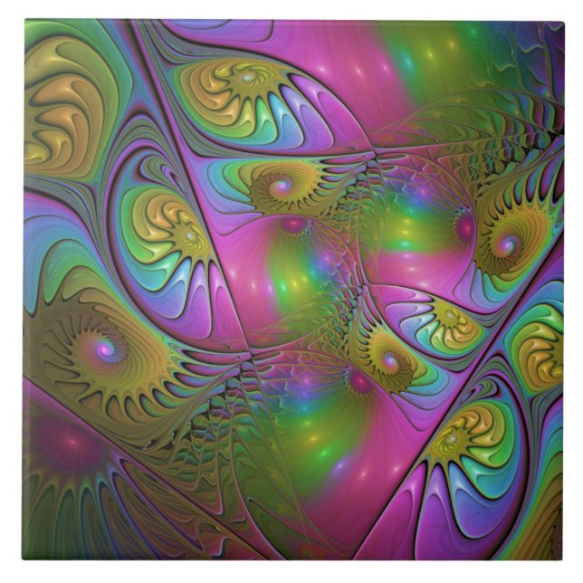 The Colorful Luminous Trippy Abstract Fractal Art Ceramic Tile (Front)
