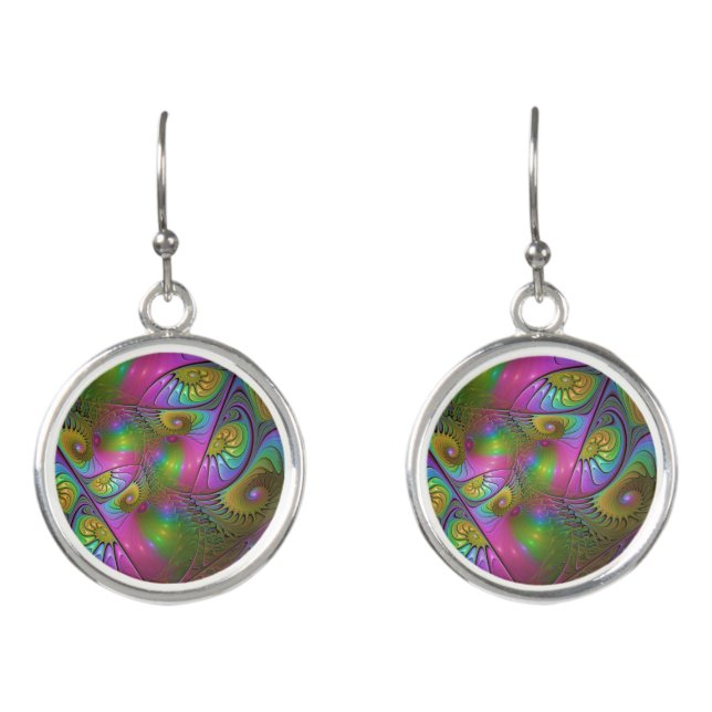 The Colorful Luminous Trippy Abstract Fractal Art Earrings (Front)