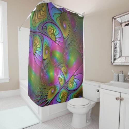 The Colorful Luminous Trippy Abstract Fractal Art Shower Curtain