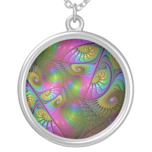 The Colorful Luminous Trippy Abstract Fractal Art Silver Plated Necklace