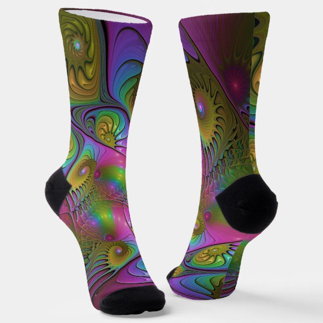 The Colorful Luminous Trippy Abstract Fractal Art Socks (Angled)